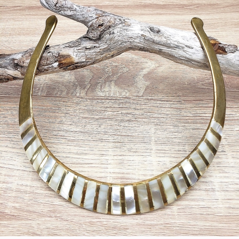 Vintage Brass and Mother of Pearl Choker Necklace